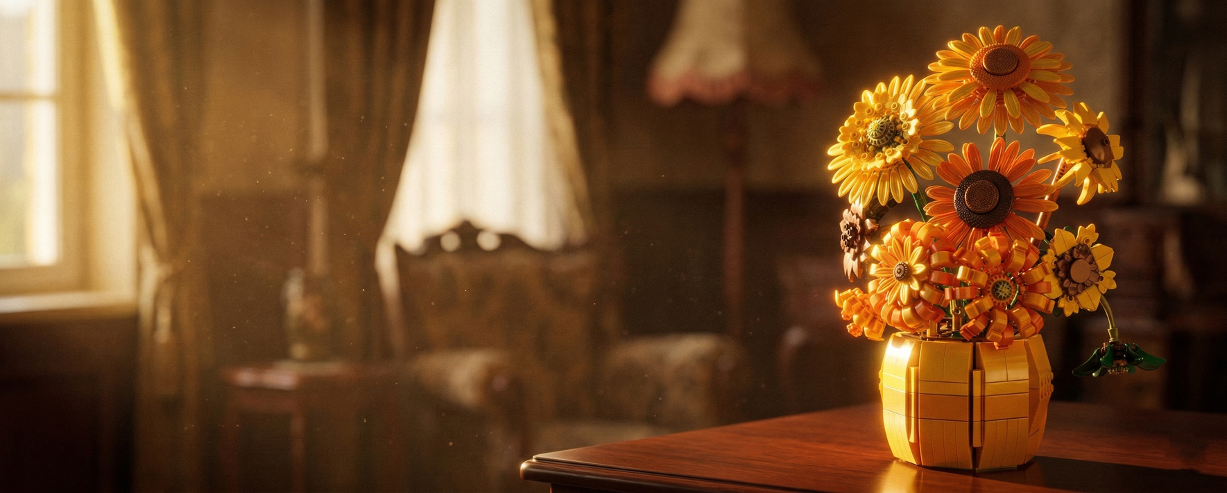 Sunlit Mavirea sunflower building blocks on a wooden table, capturing the warm afternoon glow and bringing eternal life and healing vibes to a cozy living space.