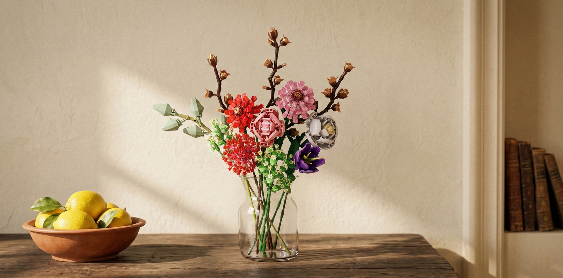 A rustic Mavirea wildflower building block bouquet in a clear glass vase, paired with a bowl of fresh lemons to create a vibrant, farmhouse-style kitchen accent.