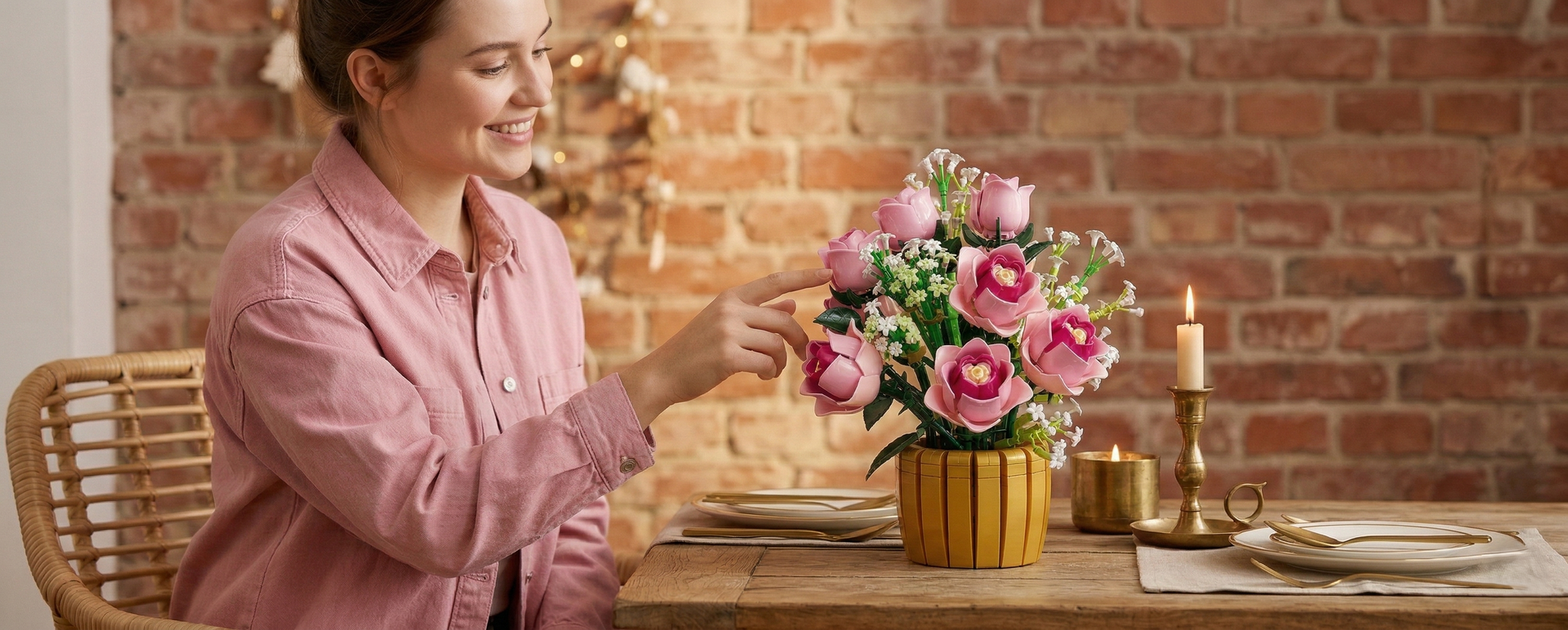 A woman smiling while admiring her completed Mavirea pink rose building block set, highlighting the joy of DIY assembly and the beauty of a personalized eternal gift.