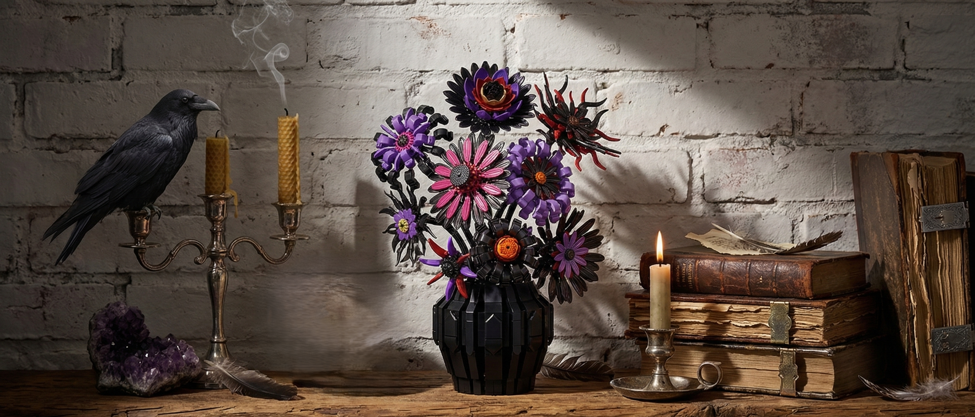 A mysterious Mavirea gothic-style building block floral set styled with a raven and candles against a brick wall, offering a unique artistic touch for edgy home decor.