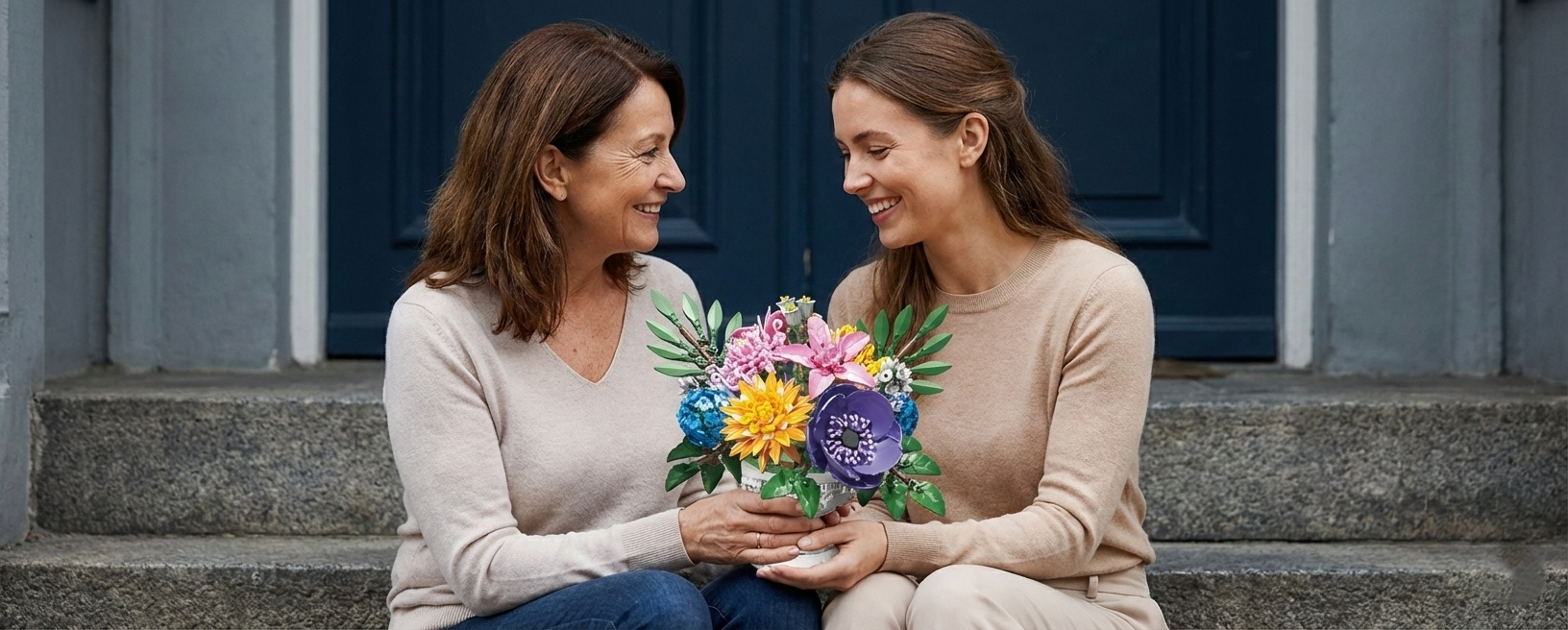 Two women sat on the stone steps, smiling, holding a lush bouquet of Mavirea mixed flowers, symbolizing the everlasting bond between mother and daughter.