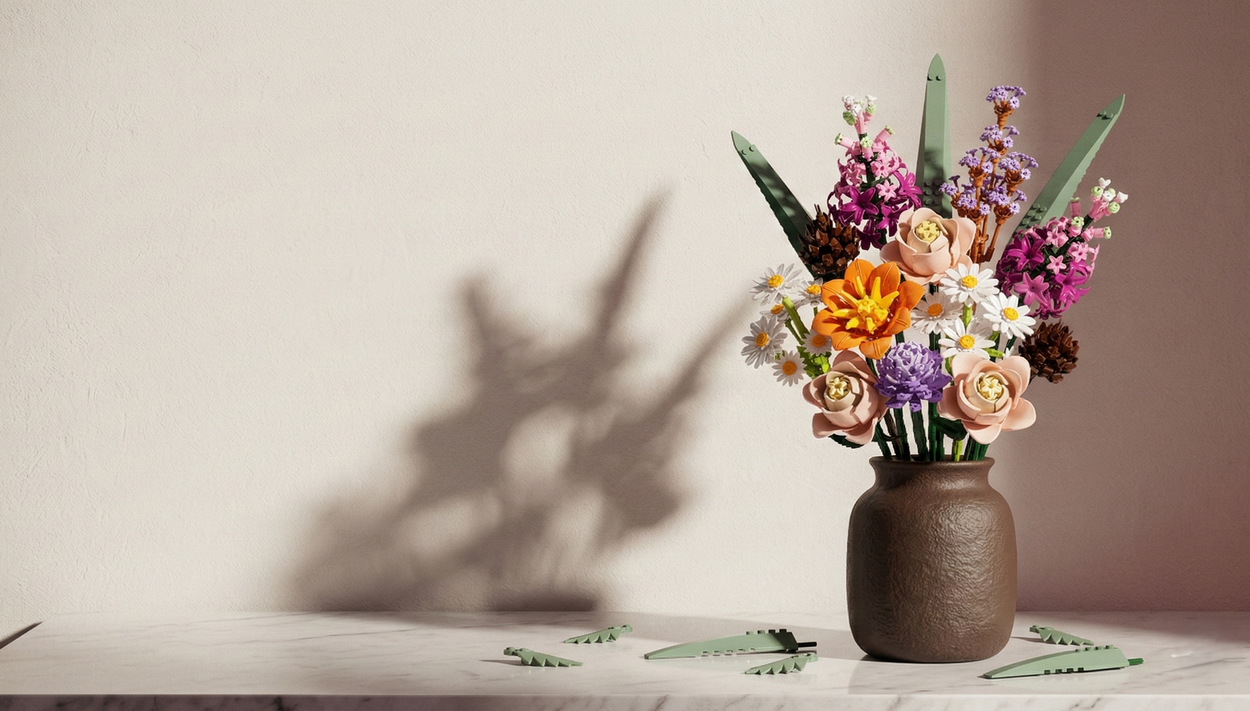 A dramatic still life of Mavirea building block flowers in a dark earth-tone vase, casting an artistic shadow on the wall to create a sophisticated and modern interior accent.