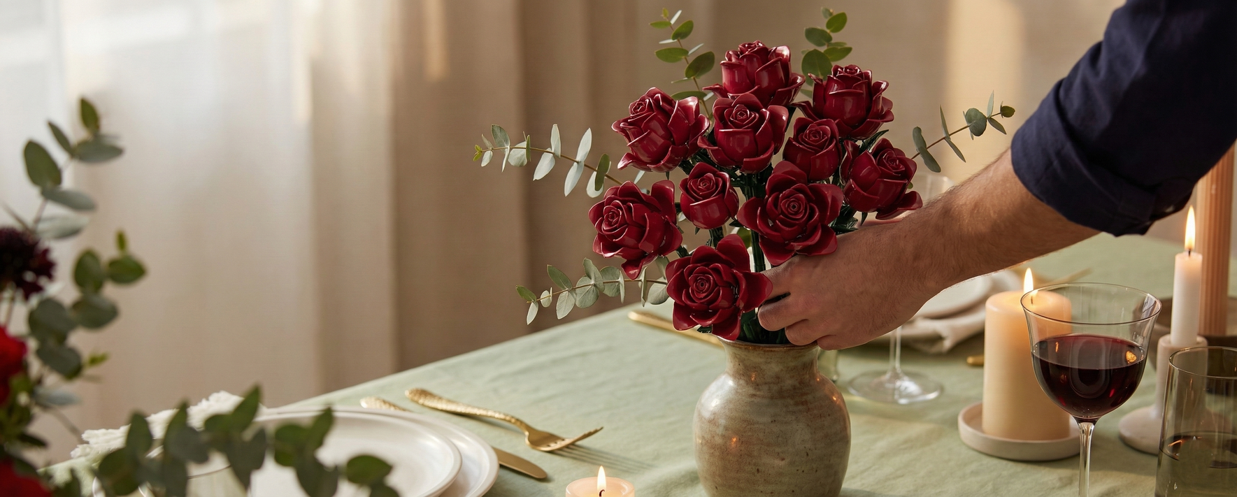 A man’s hand carefully placing a vase of Mavirea red roses on a dinner table set for a romantic evening with wine and candles, highlighting elegant and effortless home decor.