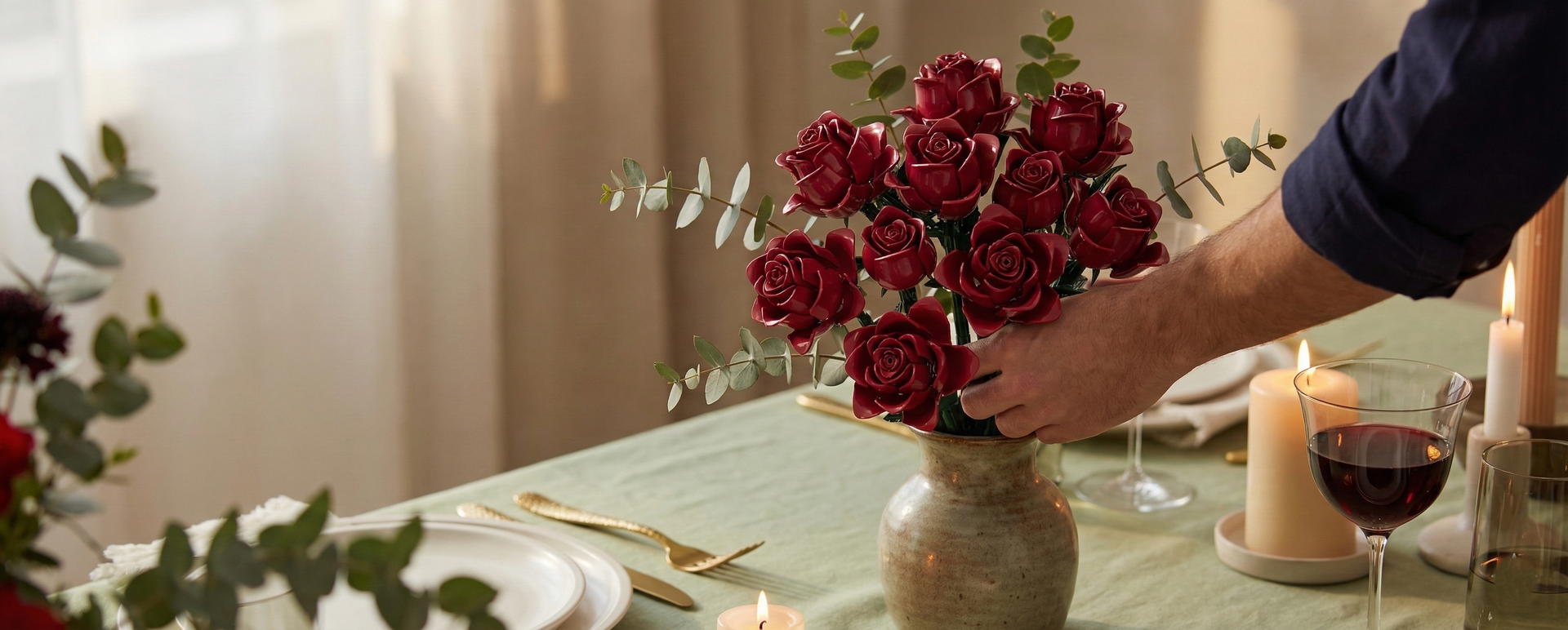 A man’s hand carefully placing a vase of Mavirea red roses on a dinner table set for a romantic evening with wine and candles, highlighting elegant and effortless home decor.