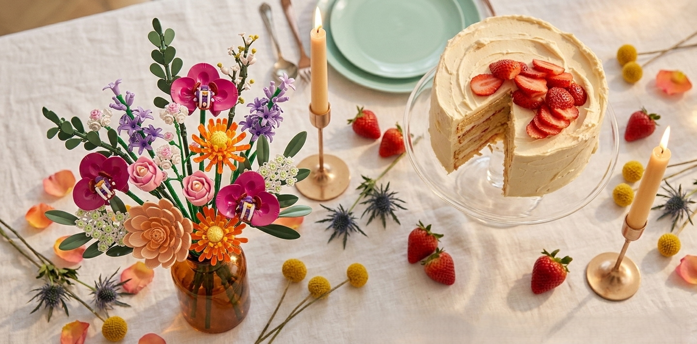 An overhead view of a festive party table featuring a strawberry cake, candles, and a vibrant Mavirea bouquet, showcasing how eternal flowers elevate special life celebrations.