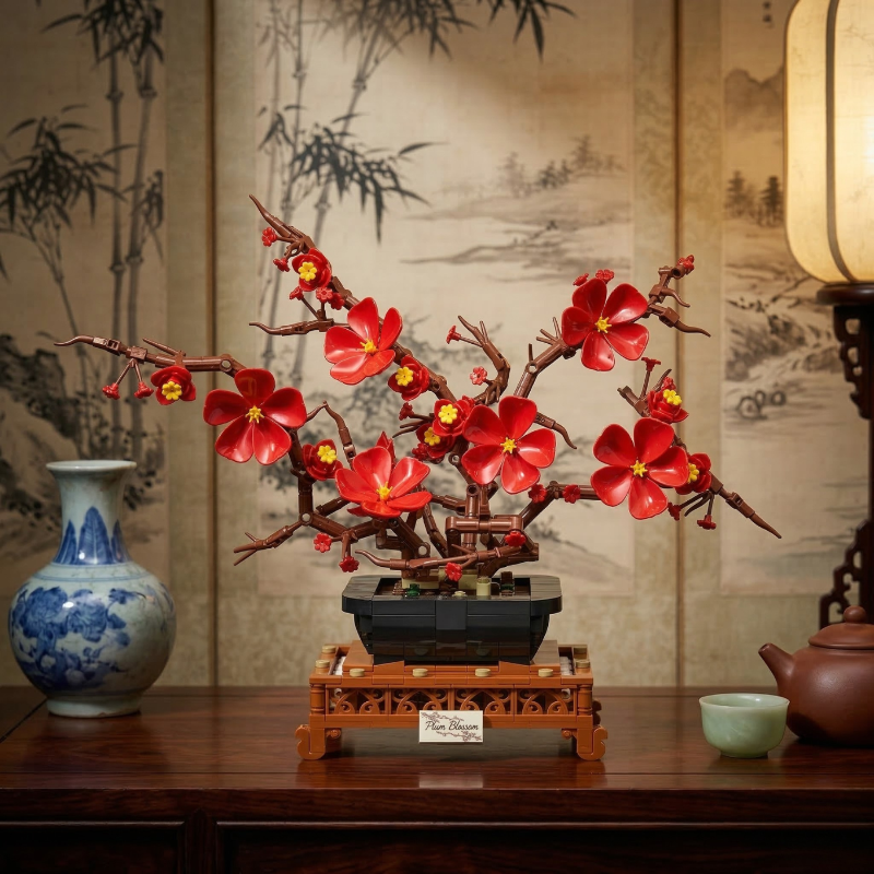 An artistic display of the Mavirea Plum Blossom building block flower against a serene bamboo ink painting, showcasing the lifelike red petals as a permanent piece of floral art for a living room.