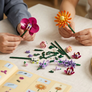 A hands-on DIY building experience with Mavirea botanical sets. Two people are shown assembling intricate magenta orchids and orange daisies, with instructions and colorful flower pieces spread across the table, highlighting the hobby of creating an eternal gift.