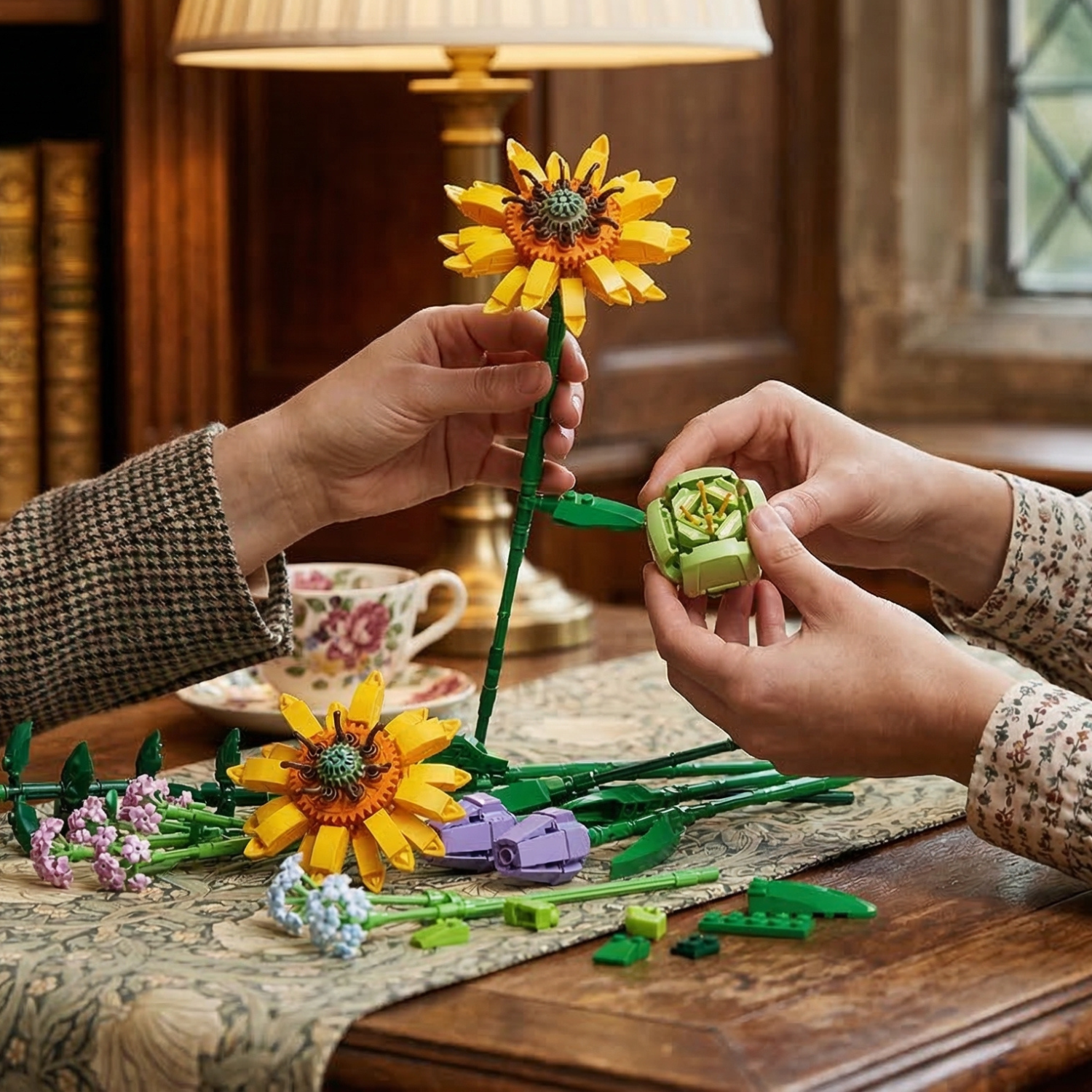 Close-up of hands assembling a Mavirea building block sunflower and a green bud in a cozy, vintage-inspired setting, showcasing the joy of crafting an eternal gift.