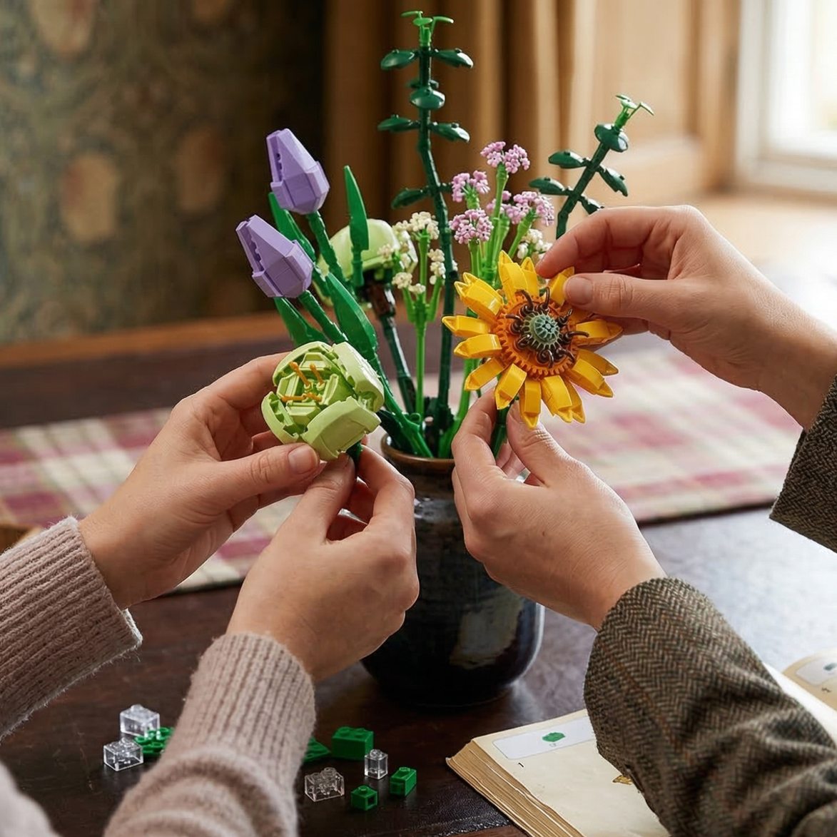Two people collaboratively arranging a vibrant bouquet of Mavirea building block flowers, including sunflowers and purple tulips, into a dark vase for personalized home decor.