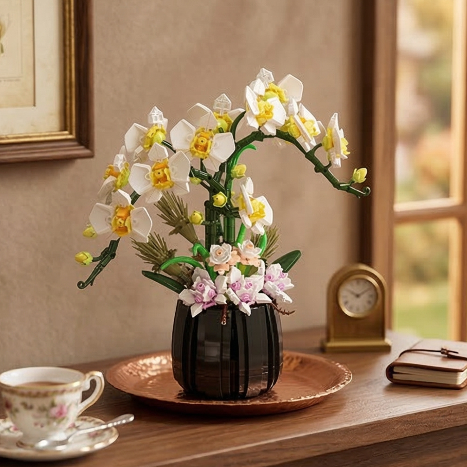 Mavirea White Orchid Potted Plant presented on a decorative copper tray with a floral teacup, a sophisticated and permanent home ornament.