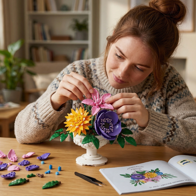A woman carefully assembling a Mavirea building block flower set with instructions, highlighting the engaging DIY experience and mindful hobby.