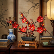 The Mavirea Plum Blossom building set arranged in a scholarly setting with traditional Chinese brushes and vintage books, highlighting its appeal as a sophisticated and eternal gift for art lovers.