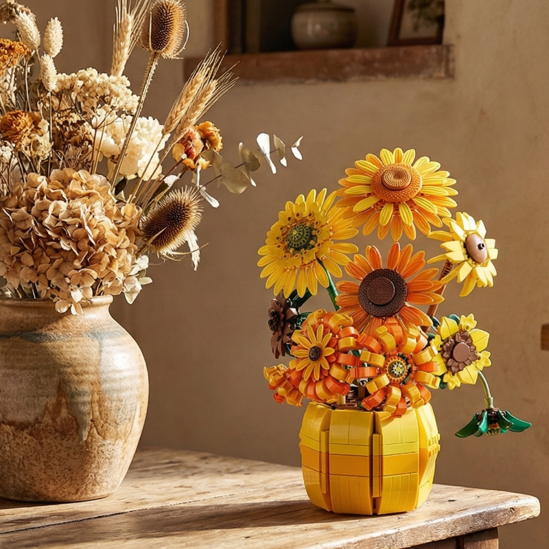 Rustic farmhouse styling featuring the Mavirea Sunflower building blocks paired with a vase of dried hydrangeas and wheat, showcasing the beauty of eternal flowers that never wither.