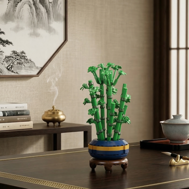 The Mavirea Gourd Bamboo Bonsai building block flower sits elegantly on a dark desk next to a smoking golden incense burner and a landscape painting, representing a peaceful and eternal gift for a home office.