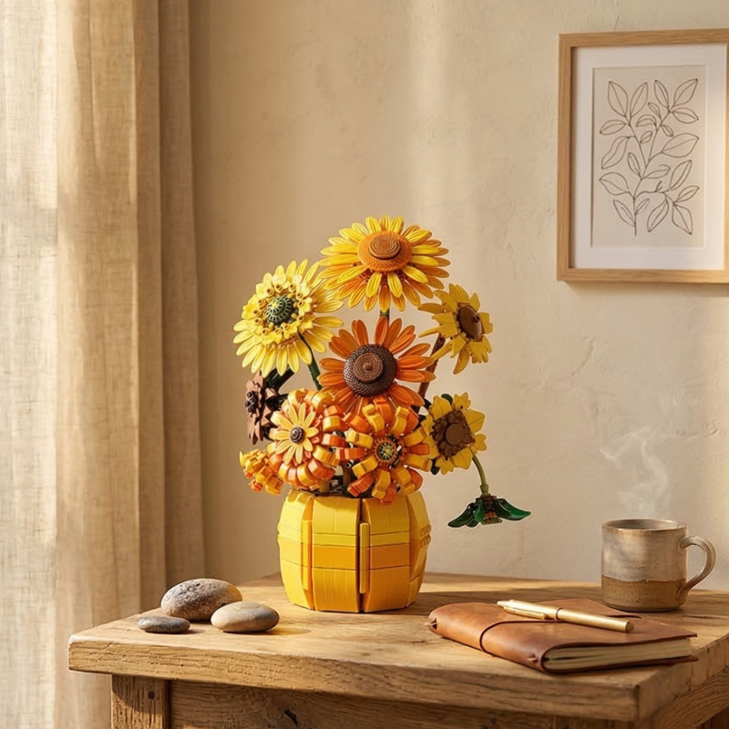 The Mavirea Sunflower brick-built bouquet adds a touch of permanent sunshine to a study desk, pictured alongside a leather journal, a steaming mug, and smooth stones for a mindful workspace.