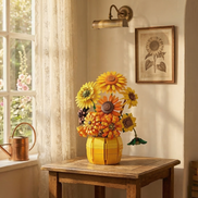 A vibrant Mavirea Sunflower building block set in a matching yellow vase, displayed on a rustic wooden table in a sunlit corner, creating a cozy and everlasting floral accent for home decor.