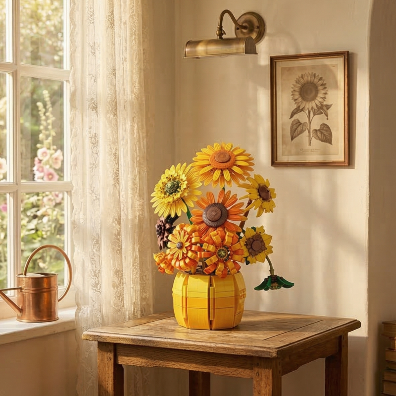 A vibrant Mavirea Sunflower building block set in a matching yellow vase, displayed on a rustic wooden table in a sunlit corner, creating a cozy and everlasting floral accent for home decor.