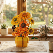 A bright and airy dining scene featuring the Mavirea Sunflower building kit as a central decor piece, perfectly blending with the natural greenery visible through the garden window.