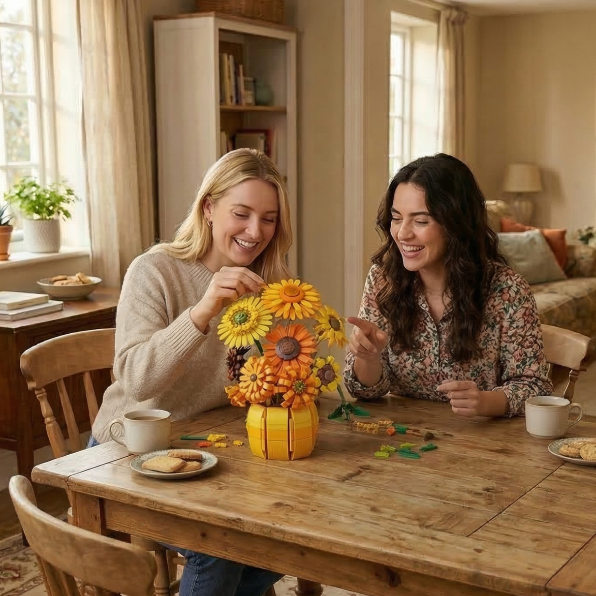 Two friends laughing and bonding while assembling the Mavirea Sunflower set over tea and cookies, highlighting it as an engaging DIY project and a thoughtful, creative gift.