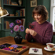 A woman smiling while hand-assembling a dark, spiky flower from the Mavirea Demon Sunflower kit, with loose building blocks in a wooden tray and an instruction manual on the table, showcasing it as a perfect DIY eternal gift.