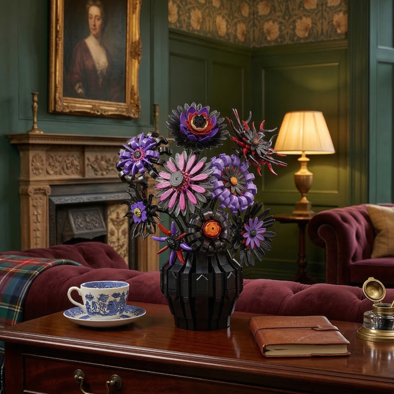 A luxurious living room scene featuring the Mavirea Demon Sunflower building set on a side table, complemented by a purple velvet sofa, a leather journal, and a classic fireplace in the background.