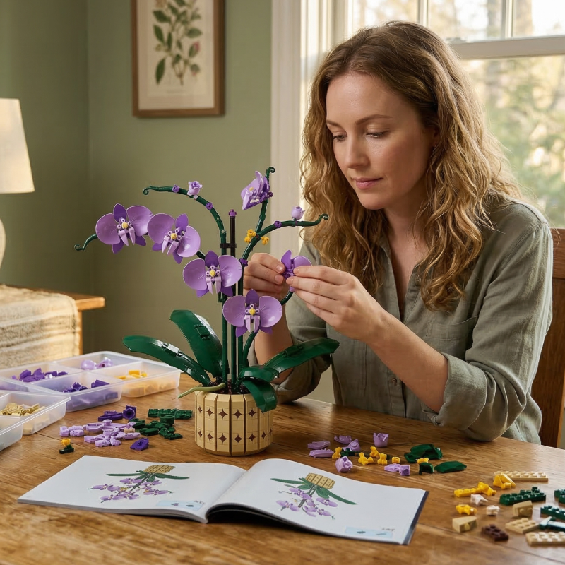 A woman focusing on the final touches of the Mavirea Potted Moth Orchid building set, showcasing the product as a thoughtful and engaging gift that results in a beautiful piece of permanent floral art.