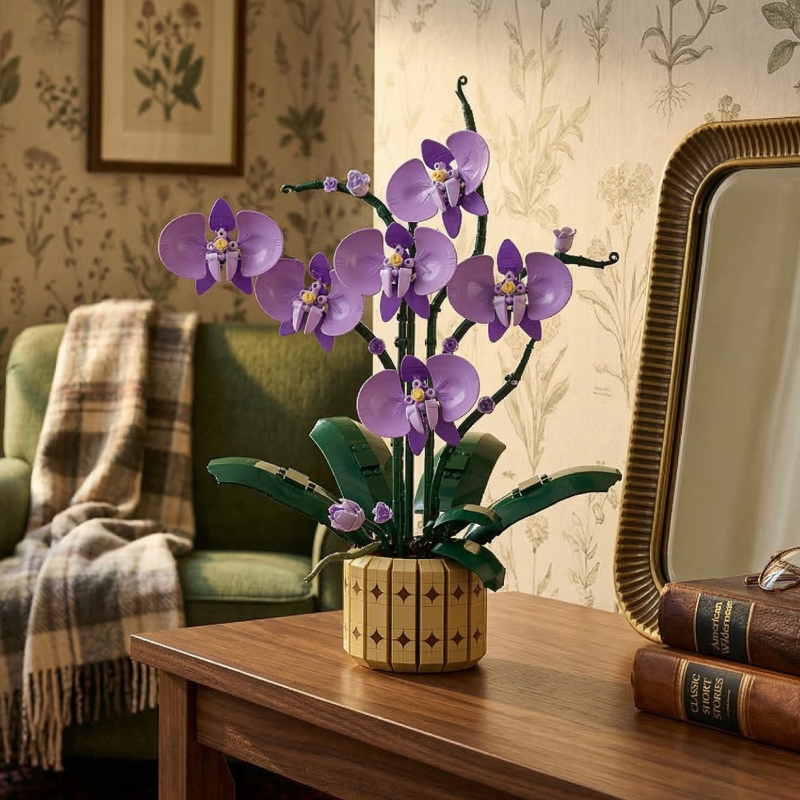 The Mavirea Potted Moth Orchid building kit styled in a cozy nook with floral wallpaper, a plaid throw, and a vintage mirror, emphasizing its realistic purple blooms as a timeless decorative piece.