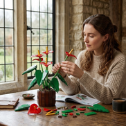 A woman enjoys a mindful DIY moment while assembling the Mavirea Anthurium Bonsai at a rustic wooden table, with building pieces and an instruction manual spread out, illustrating the joy of a creative, lasting gift.
