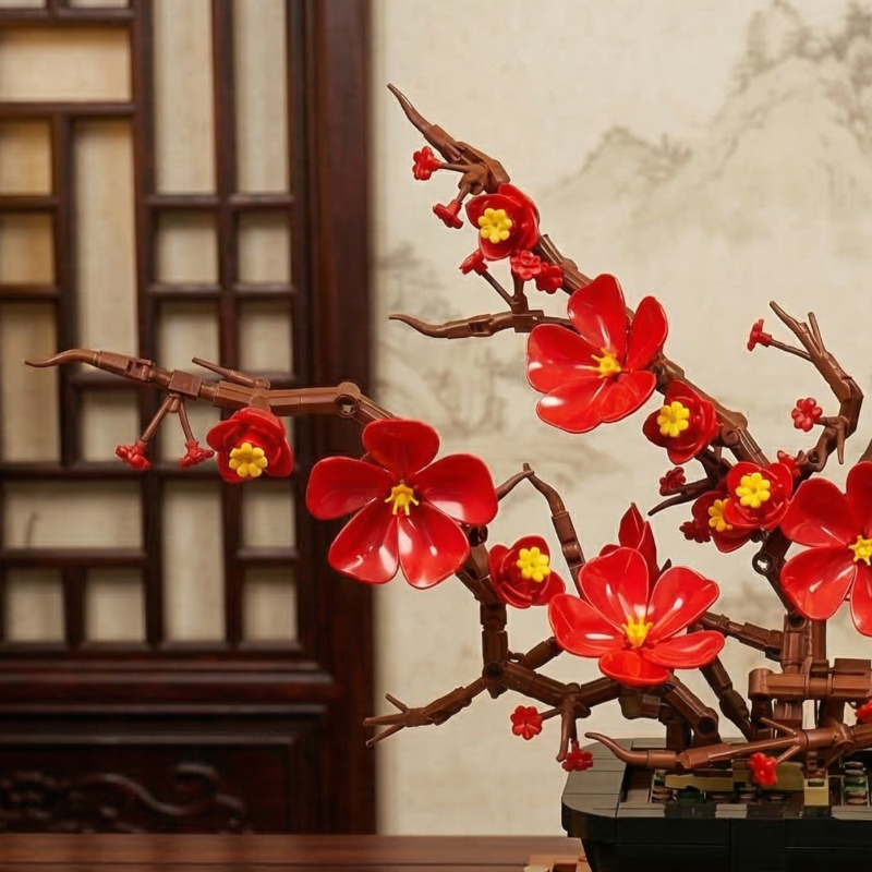 A detailed view of the left-side buds and blossoms of the Mavirea Plum Blossom building kit, emphasizing the high-quality craftsmanship and the beauty of 