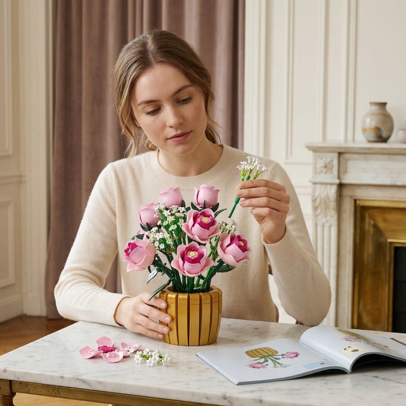 A woman thoughtfully assembles the Mavirea Pink Rose Potted Plant building kit at a marble table with the instruction manual open, highlighting it as an engaging and creative DIY gift.