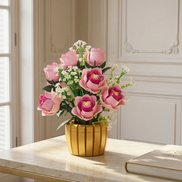 Soft sunlight illuminates the intricate petals of the Mavirea Pink Rose Potted Plant, showcasing the maintenance-free beauty of this eternal gift for modern interior styling.