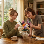 Two friends enjoying a creative moment together, arranging the Mavirea Whispering Pines Floral building set in a floral vase over tea, highlighting the joy of shared DIY experiences.