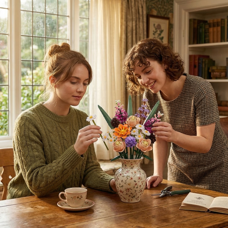 Two friends enjoying a creative moment together, arranging the Mavirea Whispering Pines Floral building set in a floral vase over tea, highlighting the joy of shared DIY experiences.