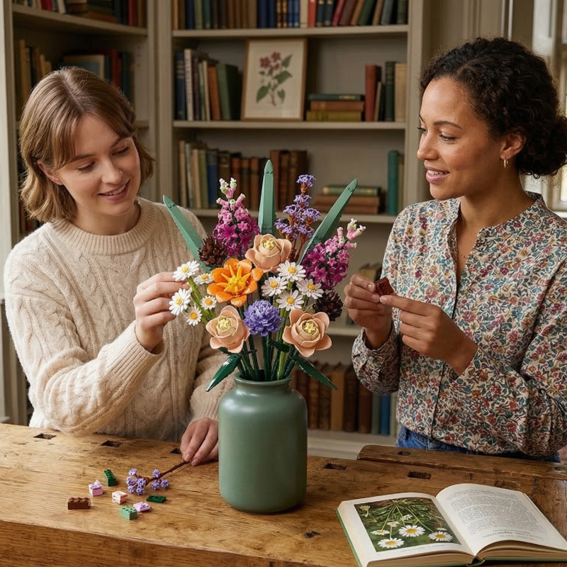 A creative DIY project: two women at a wooden table assembling the Whispering Pines Floral collection by Mavirea, with loose building blocks and a botanical guide spread out, emphasizing its role as a rewarding hobby gift.
