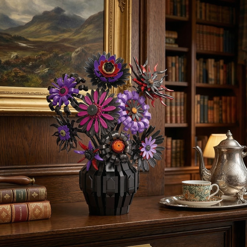 The Mavirea Demon Sunflower brick-built floral arrangement displayed in a library setting, positioned next to a silver teapot and landscape painting to create a mysterious and elegant home decor focal point.