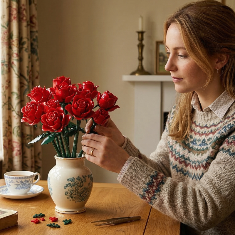 A woman in a patterned sweater carefully arranging the Mavirea Red Roses Bouquet in a blue floral vase, highlighting the DIY assembly process as a relaxing creative hobby for home styling.