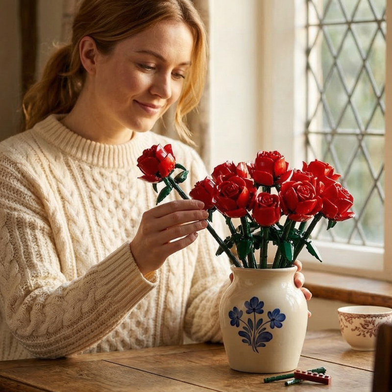 Capturing the joy of an eternal gift: a woman smiles while placing the final brick-built rose into the Mavirea Red Roses Bouquet, beautifully lit by natural light near a window.