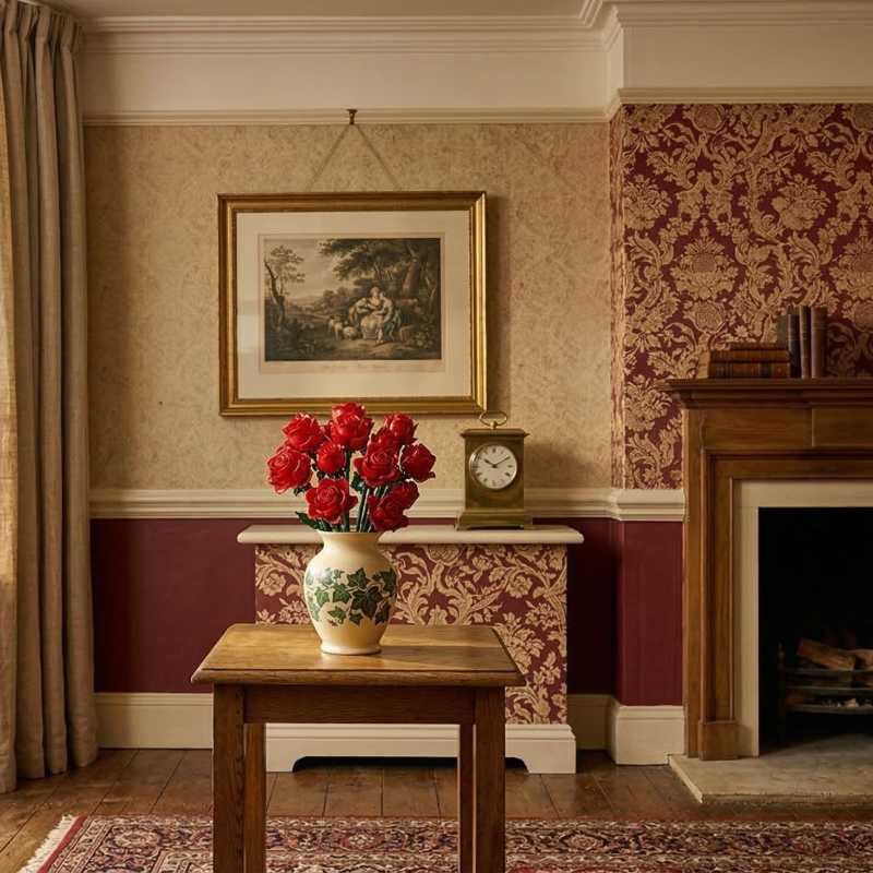 The Mavirea Red Roses Bouquet showcased in an ivy-patterned vase within an elegant, traditional living room featuring damask wallpaper, a classic fireplace, and a gold-framed painting.