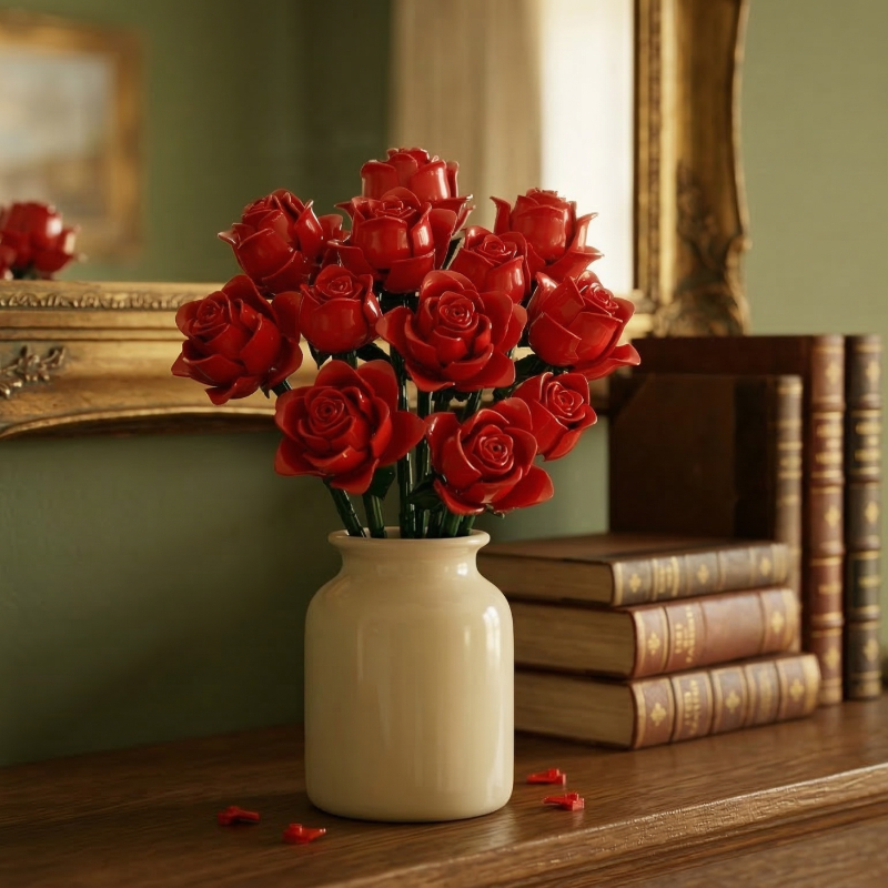 A vibrant Mavirea Red Roses Bouquet brick-built set placed on a wooden shelf alongside antique books and a gold-framed mirror, emphasizing a sophisticated and timeless decorative style.
