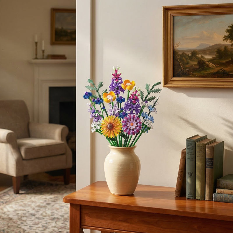 A vibrant Mavirea Hoshino Hana Collection building block bouquet, featuring a golden sunflower and purple hyacinths, displayed in a cream ceramic vase on a wooden console table in a classic, sunlit living room.
