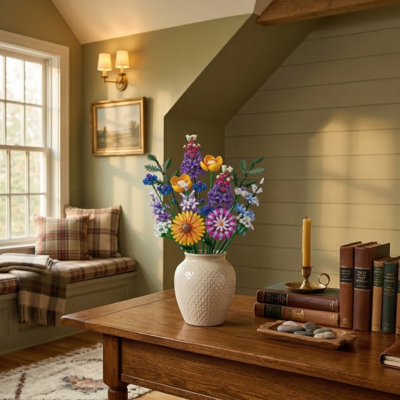 The Mavirea Hoshino Hana building block flowers in a white textured vase, adding a splash of eternal color to a cozy cottage-style room with a plaid window seat and a vintage candle arrangement.
