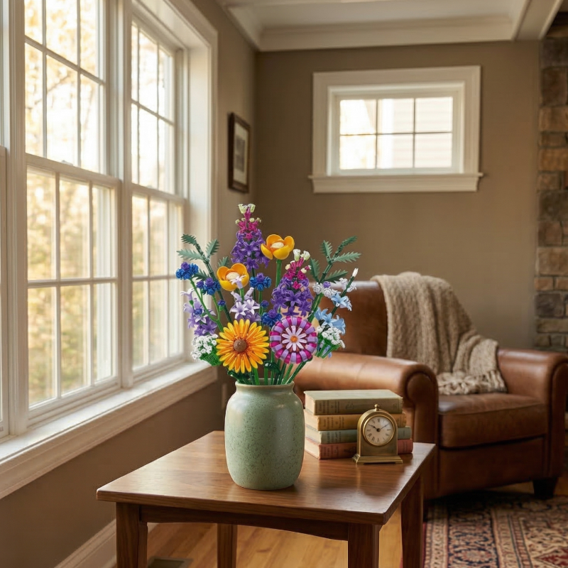 A light green matte vase holding the Hoshino Hana building block floral arrangement by Mavirea, placed on a side table next to a leather armchair to create a peaceful and permanent reading nook decor.