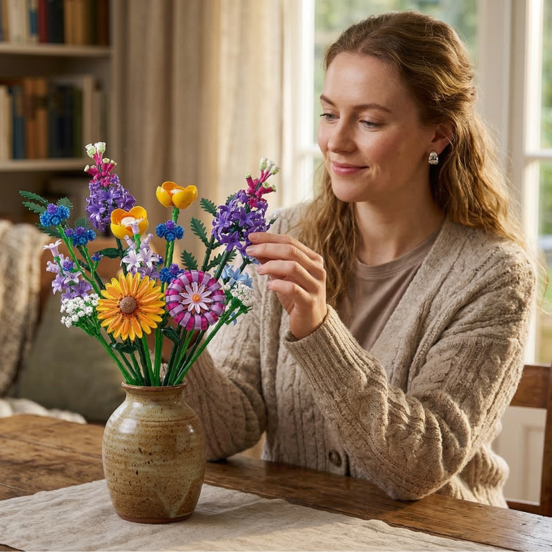 A woman in a cozy beige sweater arranging the Mavirea Hoshino Hana building block flowers in a rustic ceramic vase, highlighting the product as a rewarding DIY project for home styling.