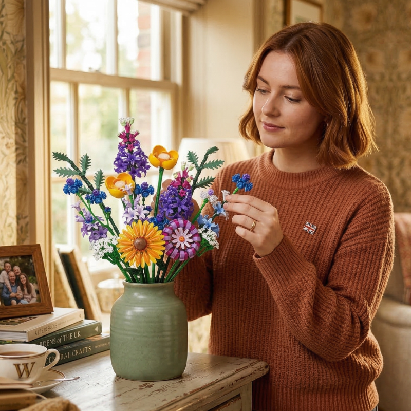 Adding a personal touch to home decor: a woman stylizes the vibrant blue and yellow blooms of the Mavirea Hoshino Hana Collection on a desk next to family photos and a cup of tea.