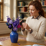 Capturing the joy of a creative hobby, a woman smiles while adding the finishing touches to her Mavirea Purple Rose Whisper bouquet in a vibrant blue vase, making it a perfect eternal gift for a loved one.
