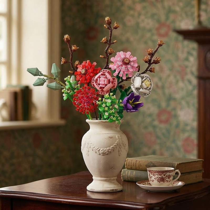 An eternal "Pretty In Pink" Mavirea floral arrangement in a vintage-style vase, set in a sophisticated study with antique books and classic wallpaper.