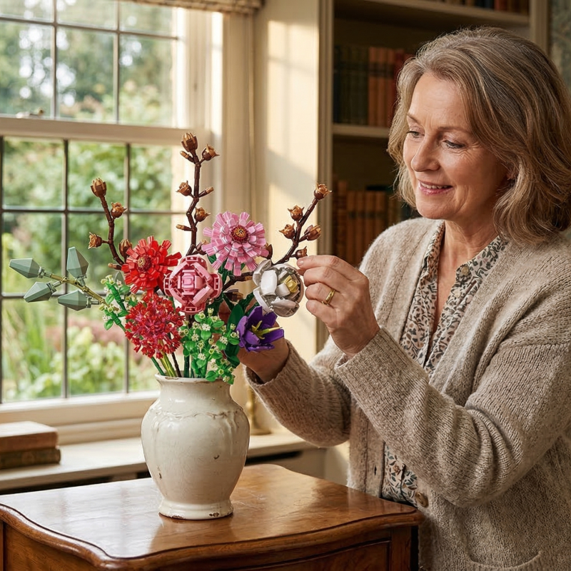 A woman joyfully arranging the Mavirea "Pretty In Pink" bouquet, highlighting its charm as a thoughtful and everlasting decorative gift.