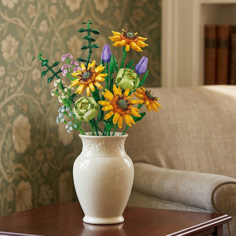 The Mavirea Sunflower Serenade set in a smooth white vase against elegant floral wallpaper, highlighting sophisticated and maintenance-free interior styling.