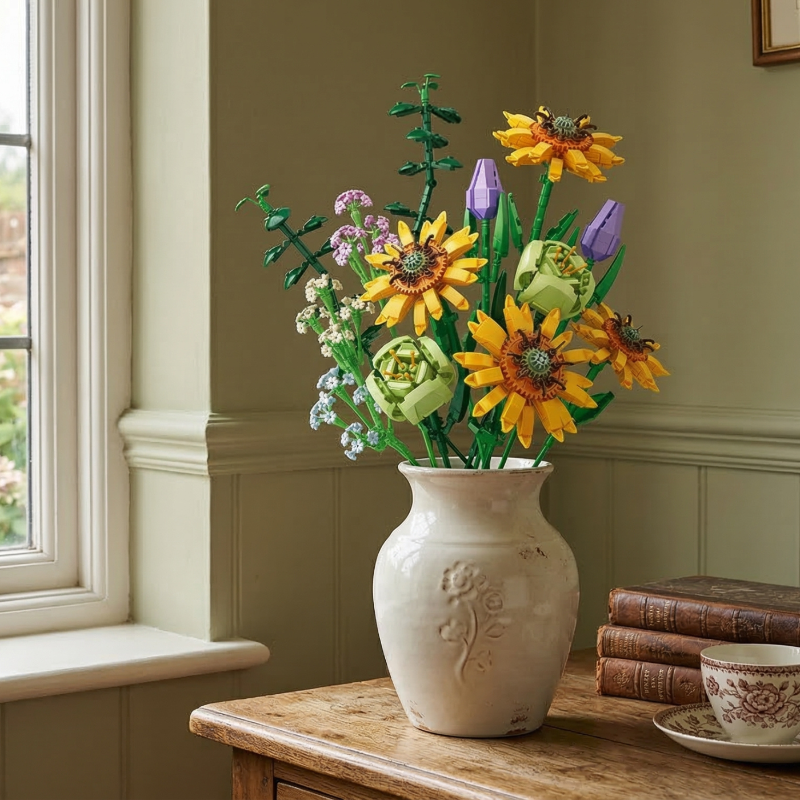 Mavirea's Sunflower Serenade building block bouquet in an embossed cream vase, styled on a rustic table with vintage books for a warm home decor feel.