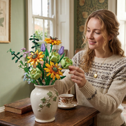 A woman smiling as she arranges the Sunflower Serenade building blocks, emphasizing the interactive DIY joy of creating lasting floral home ornaments.